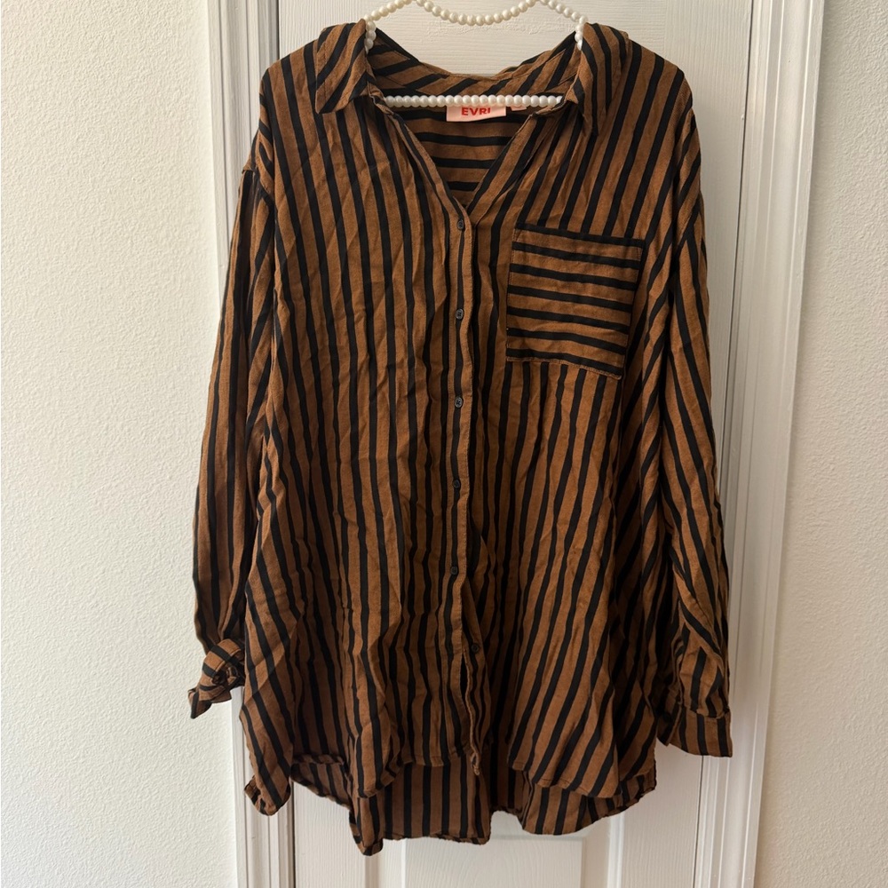 EVRI Brown and Black Striped Button-Up Top